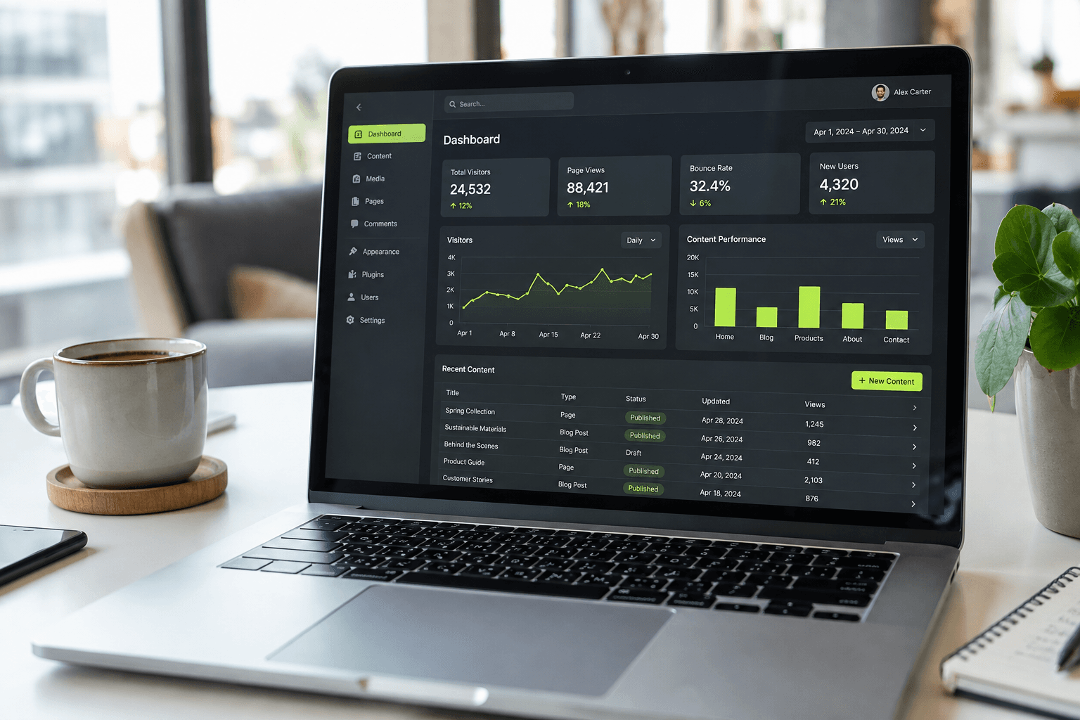 A content management dashboard built by VELEXT, shown on a laptop